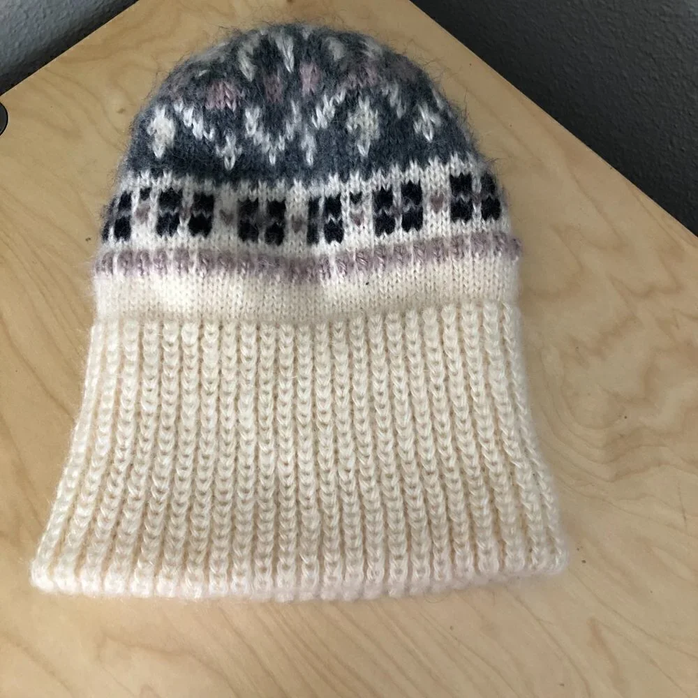 Vintage Aris Fair Isle Knit Beanie Unisex Beige Gray Black & Lavender Made USA
